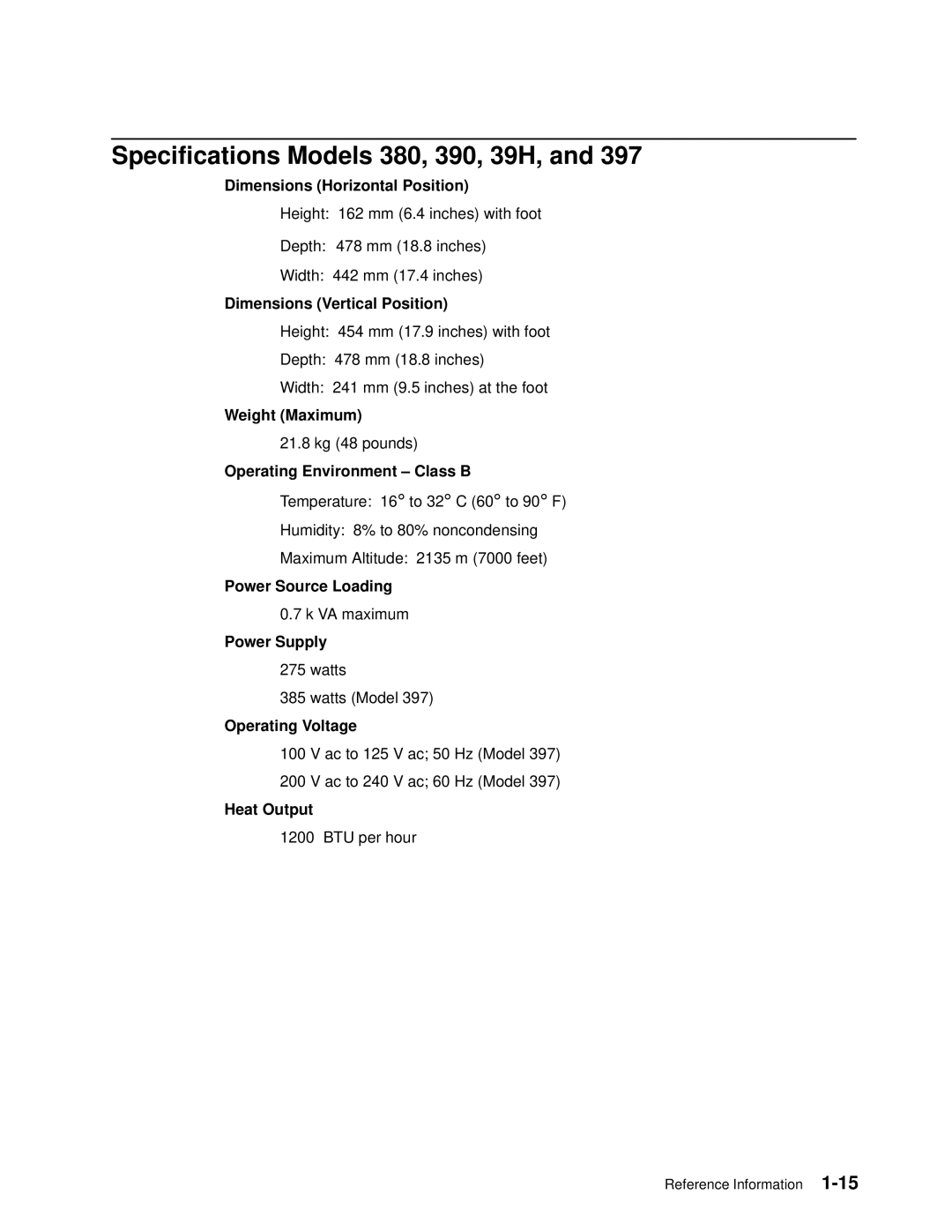 IBM 7012 manual Specifications Models 380, 390, 39H 