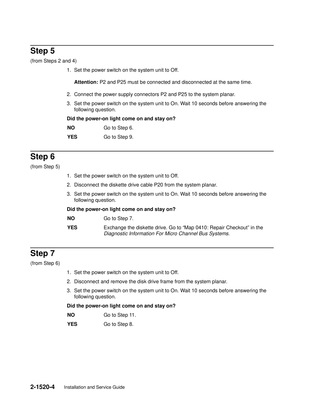 IBM 7012 manual Did the power-on light come on and stay on? Go to Step 