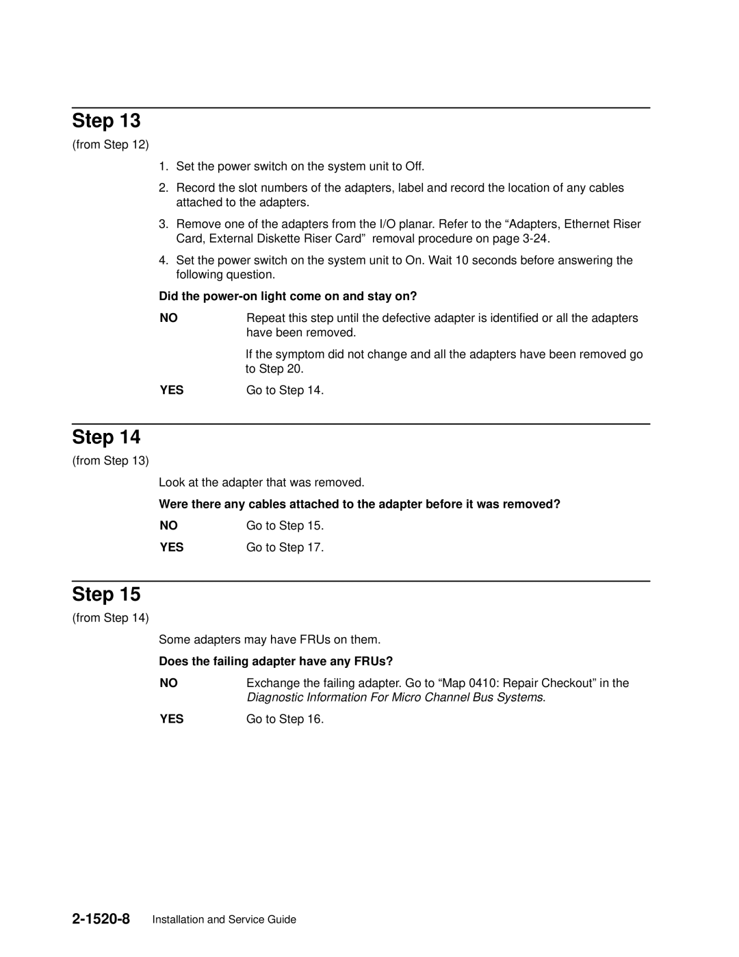 IBM 7012 manual Go to Step, Does the failing adapter have any FRUs? 