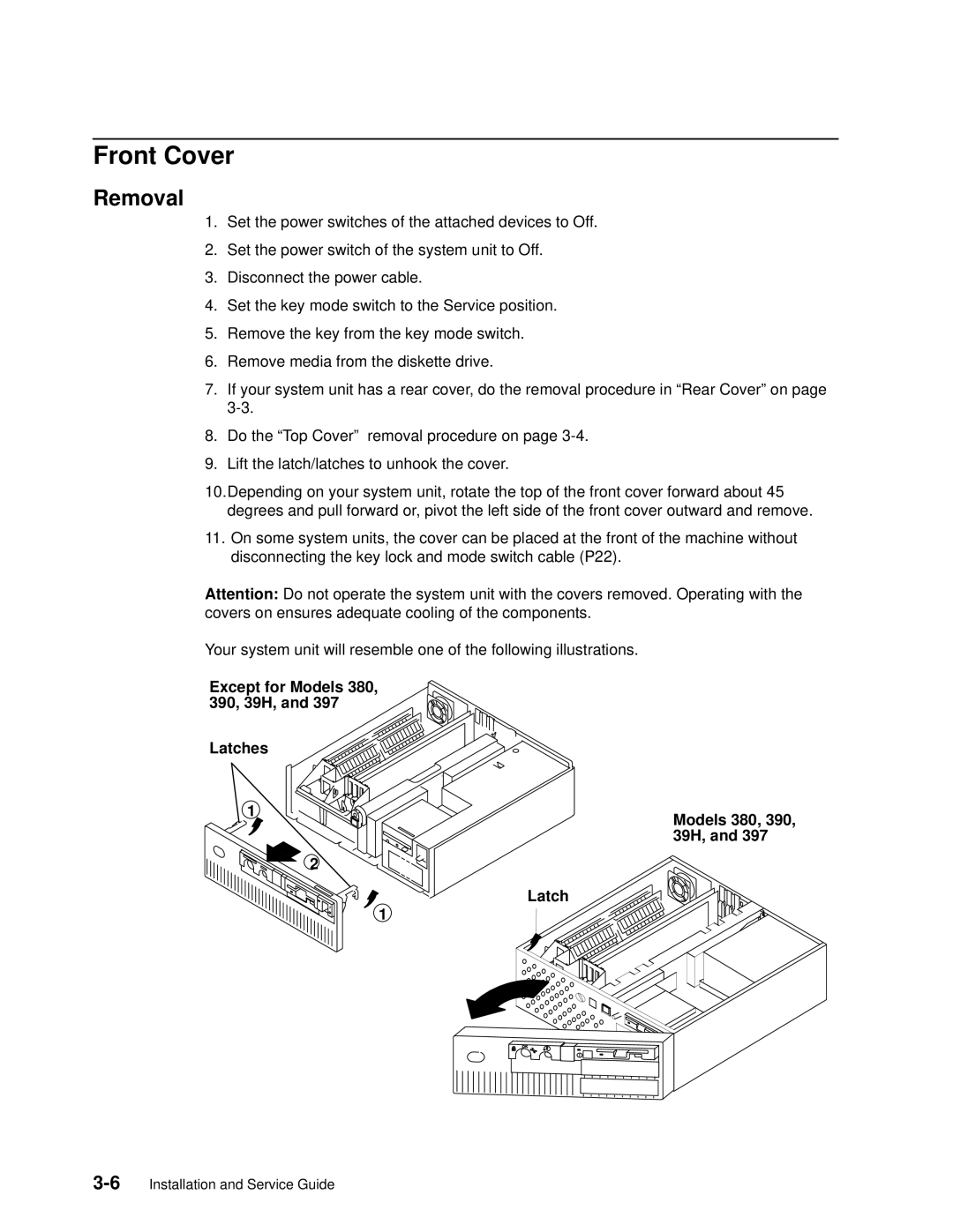 IBM 7012 manual Front Cover, Except for Models 380, 390, 39H, Latches 