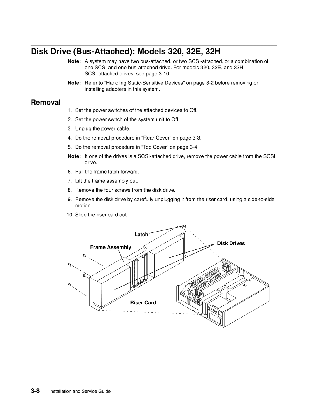 IBM 7012 manual Disk Drive Bus-Attached Models 320, 32E, 32H, Latch Disk Drives Frame Assembly Riser Card 