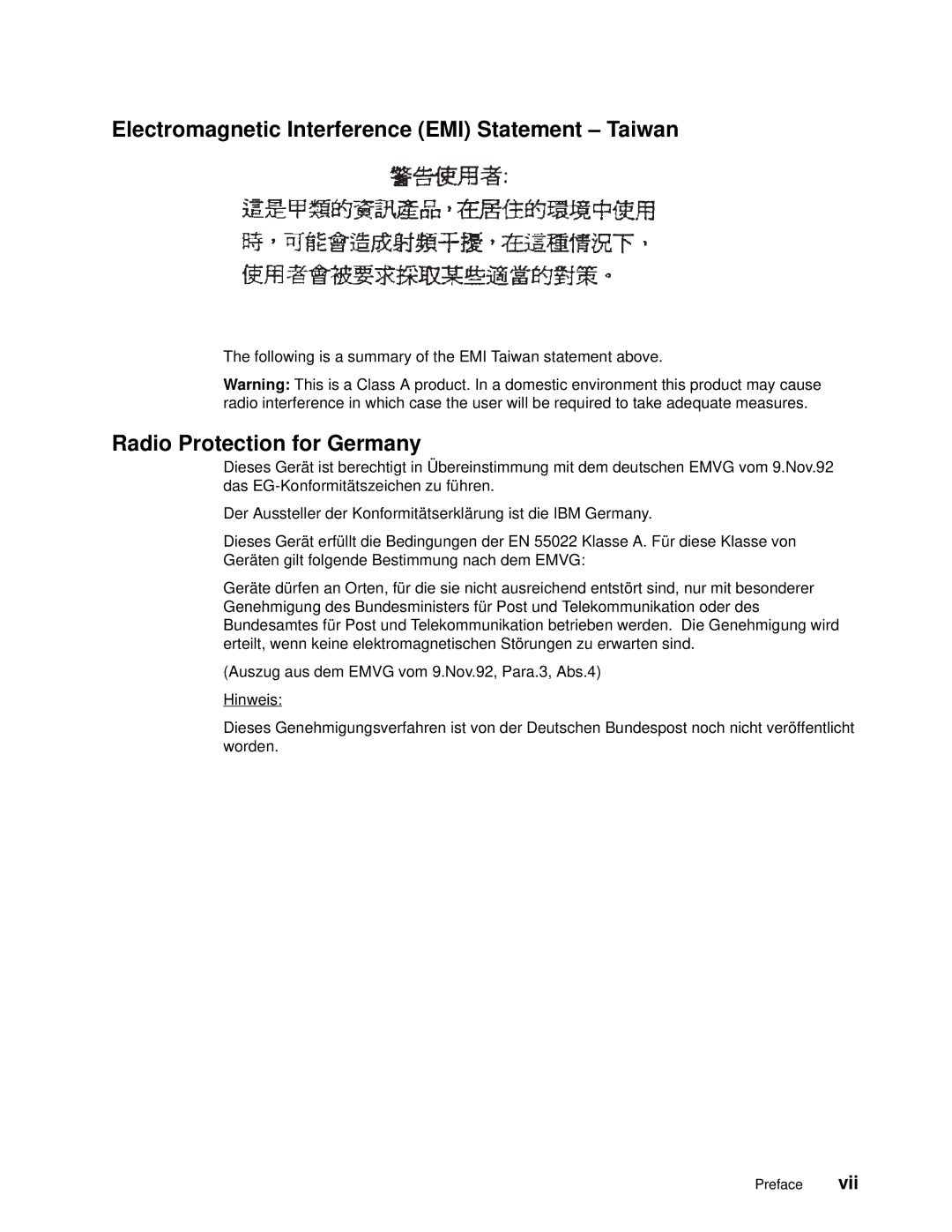 IBM 7012 manual Electromagnetic Interference EMI Statement ± Taiwan, Radio Protection for Germany 