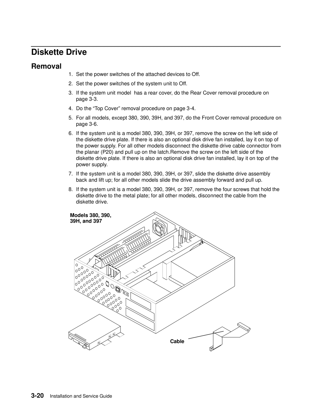 IBM 7012 manual Diskette Drive, Models 380, 390, 39H, Cable 