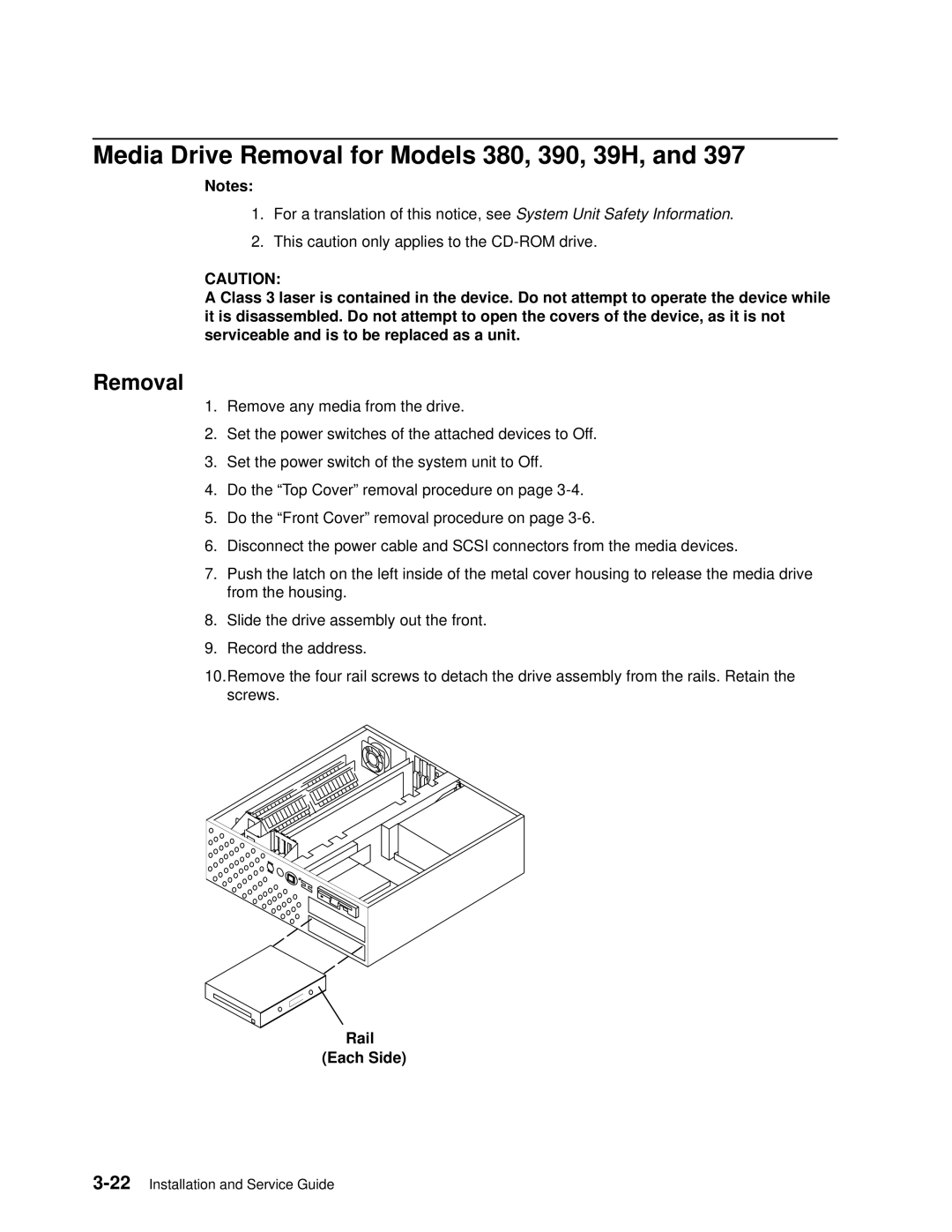 IBM 7012 manual Media Drive Removal for Models 380, 390, 39H, Rail Each Side 