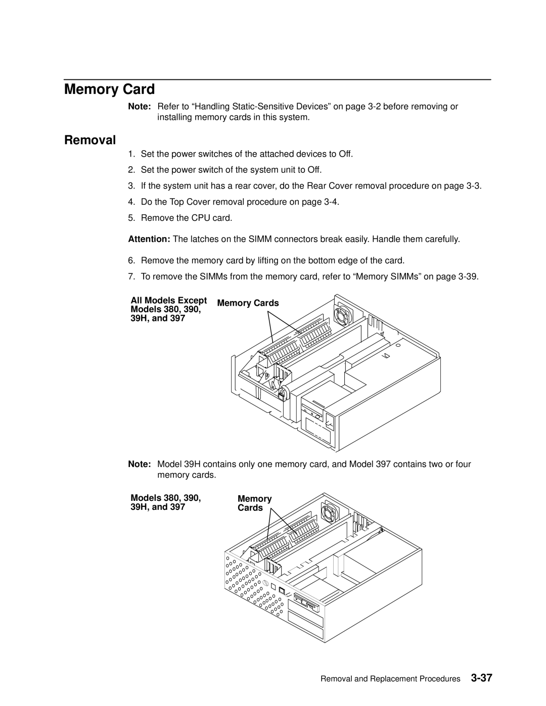 IBM 7012 manual All Models Except Memory Cards Models 380 39H 