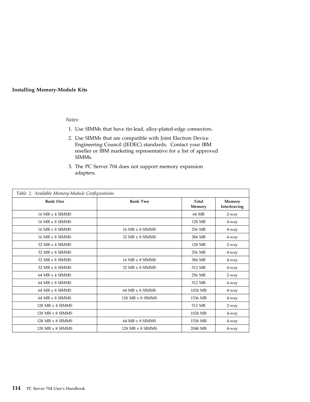 IBM 704 manual Available Memory-Module Configurations, Bank One Bank Two Total Memory 