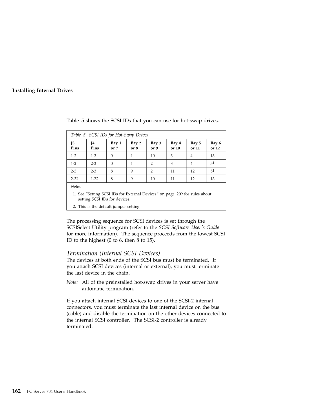 IBM 704 manual Termination Internal Scsi Devices, Scsi IDs for Hot-Swap Drives, Bay Pins 