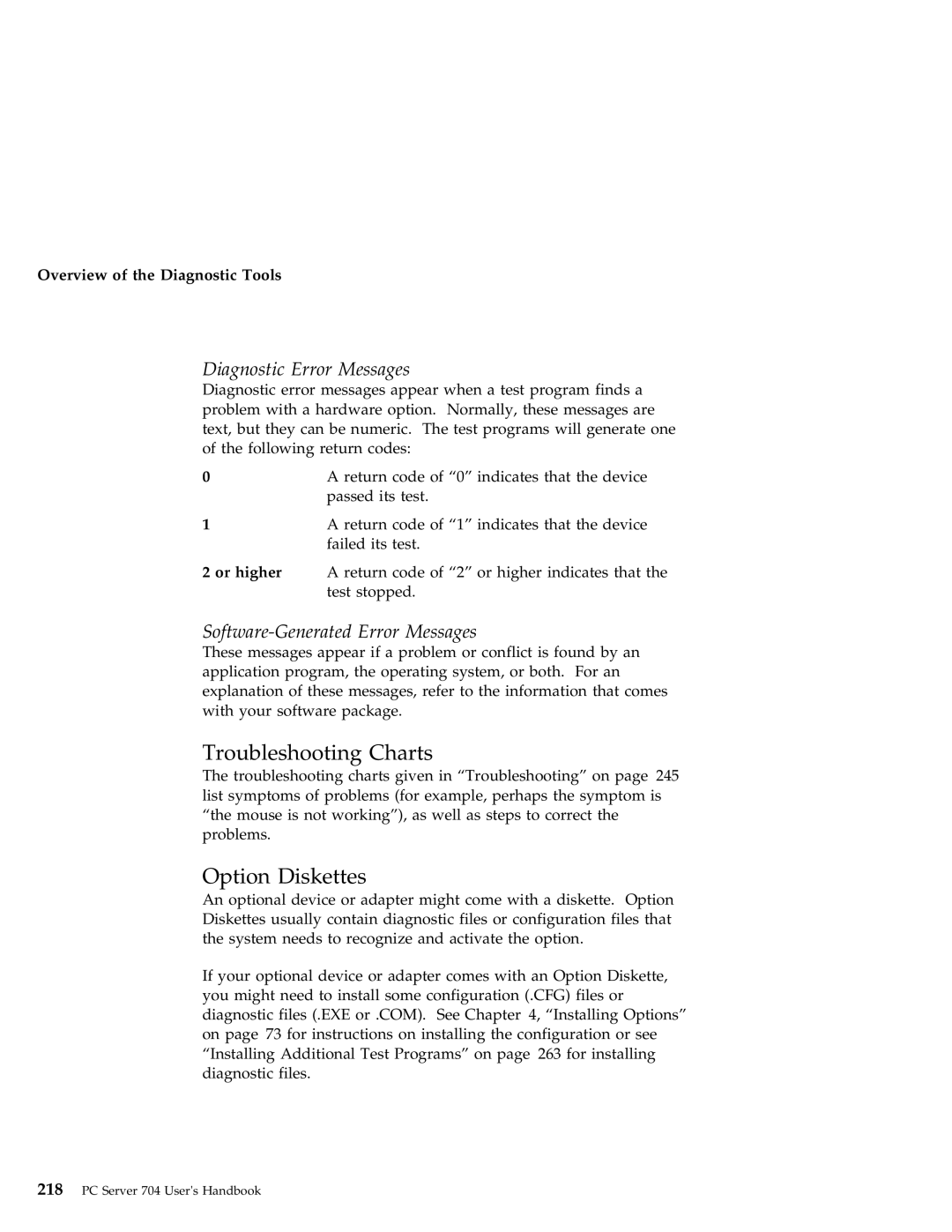 IBM 704 Troubleshooting Charts, Option Diskettes, Diagnostic Error Messages, Software-Generated Error Messages, Or higher 