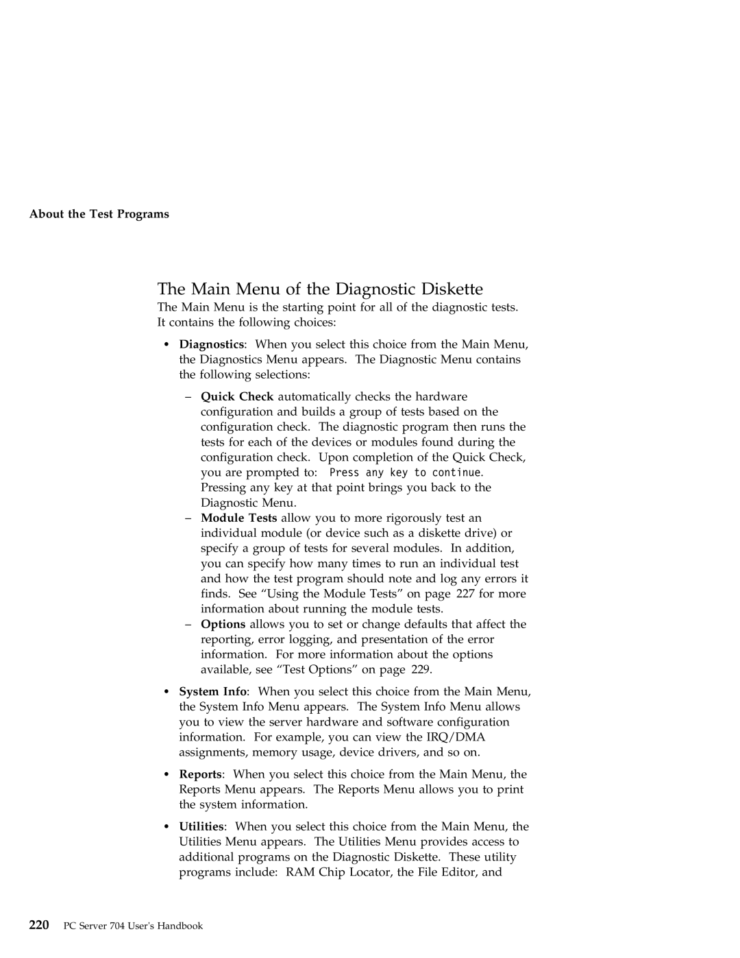 IBM 704 manual Main Menu of the Diagnostic Diskette 