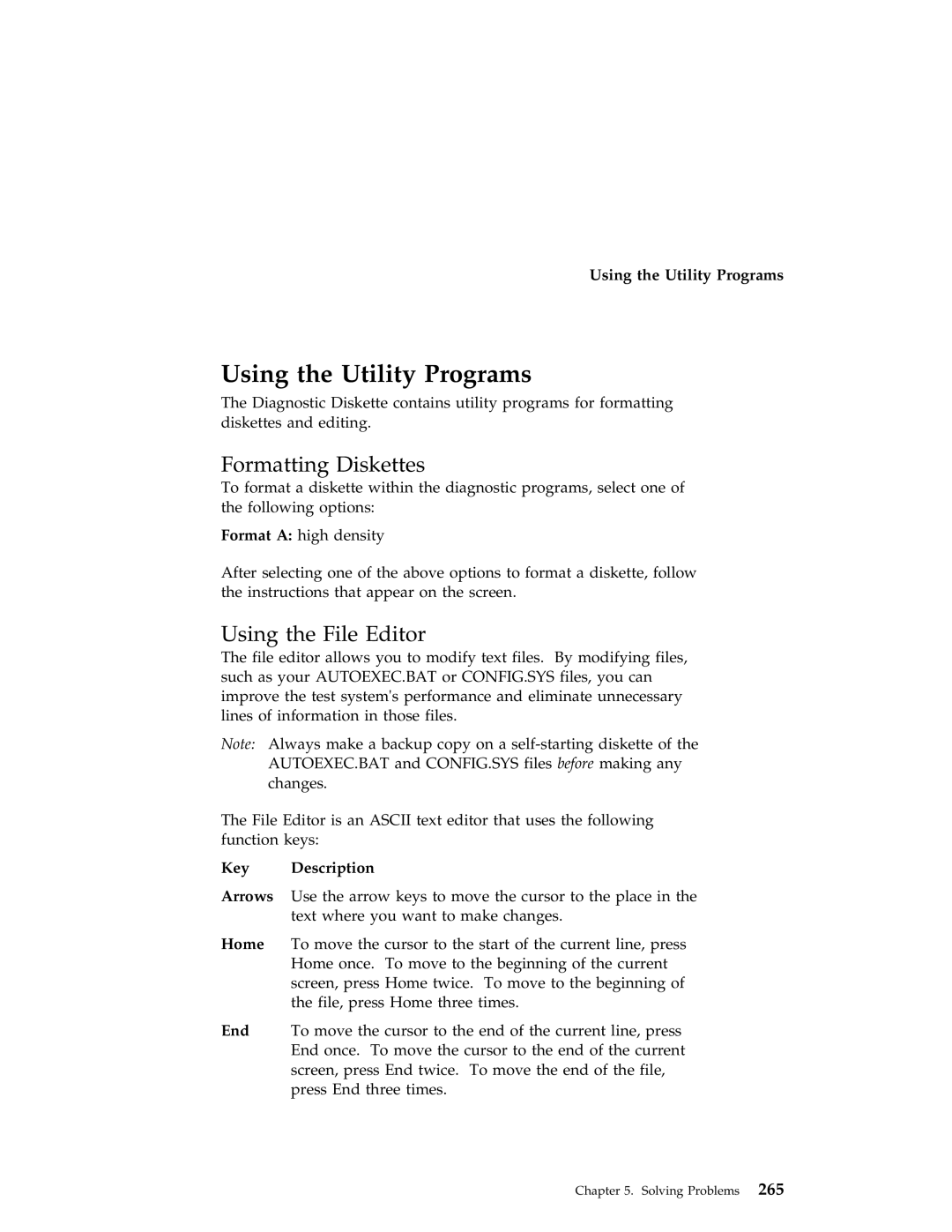 IBM 704 manual Using the Utility Programs, Formatting Diskettes, Using the File Editor, Key Description 