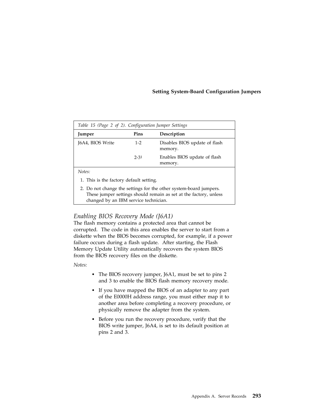 IBM 704 manual Enabling Bios Recovery Mode J6A1, 2 of 2. Configuration Jumper Settings 