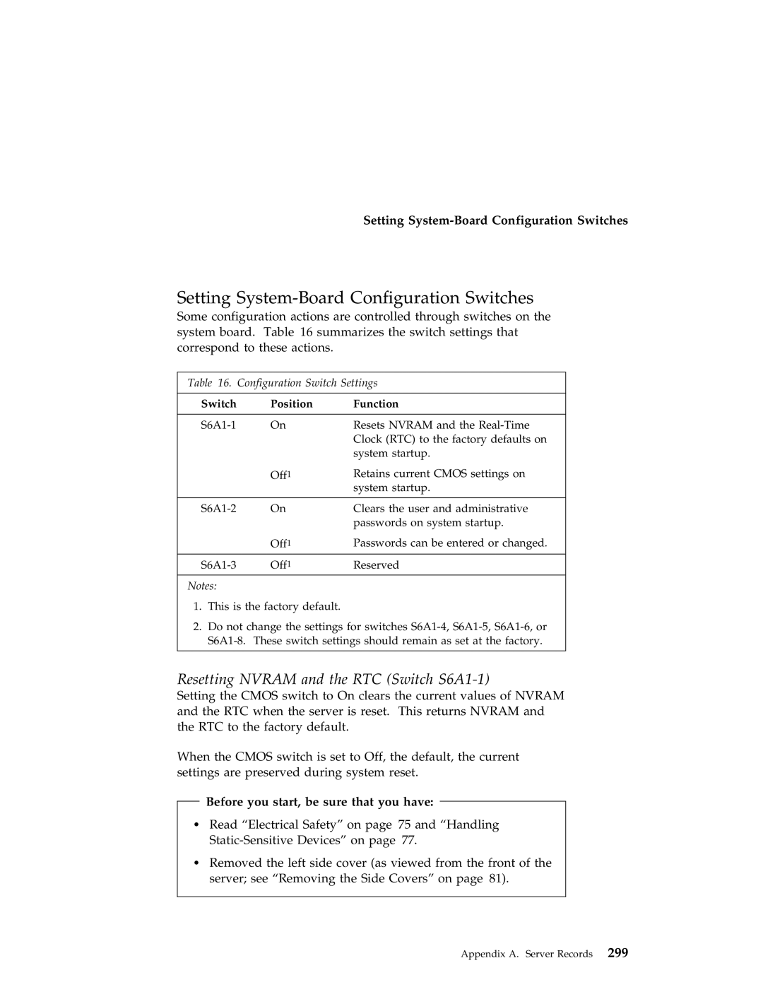 IBM 704 manual Setting System-Board Configuration Switches, Resetting Nvram and the RTC Switch S6A1-1 