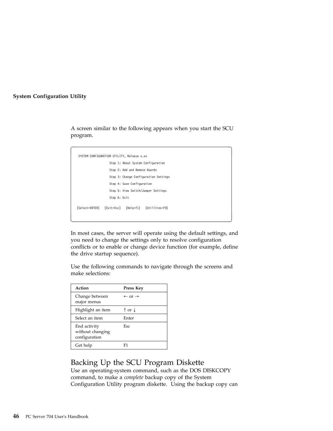 IBM 704 manual Backing Up the SCU Program Diskette, Action Press Key 