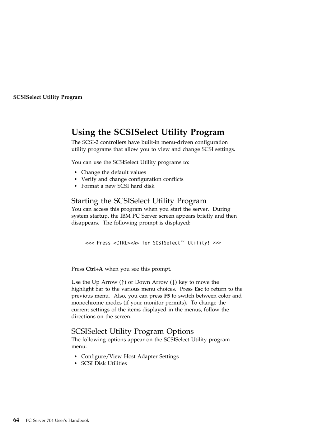 IBM 704 Using the SCSISelect Utility Program, Starting the SCSISelect Utility Program, SCSISelect Utility Program Options 