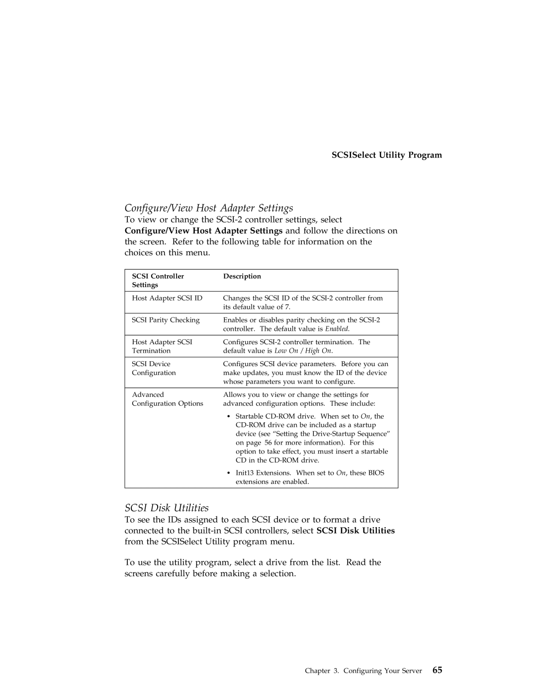 IBM 704 manual Configure/View Host Adapter Settings, Scsi Disk Utilities, Scsi Controller Description Settings 