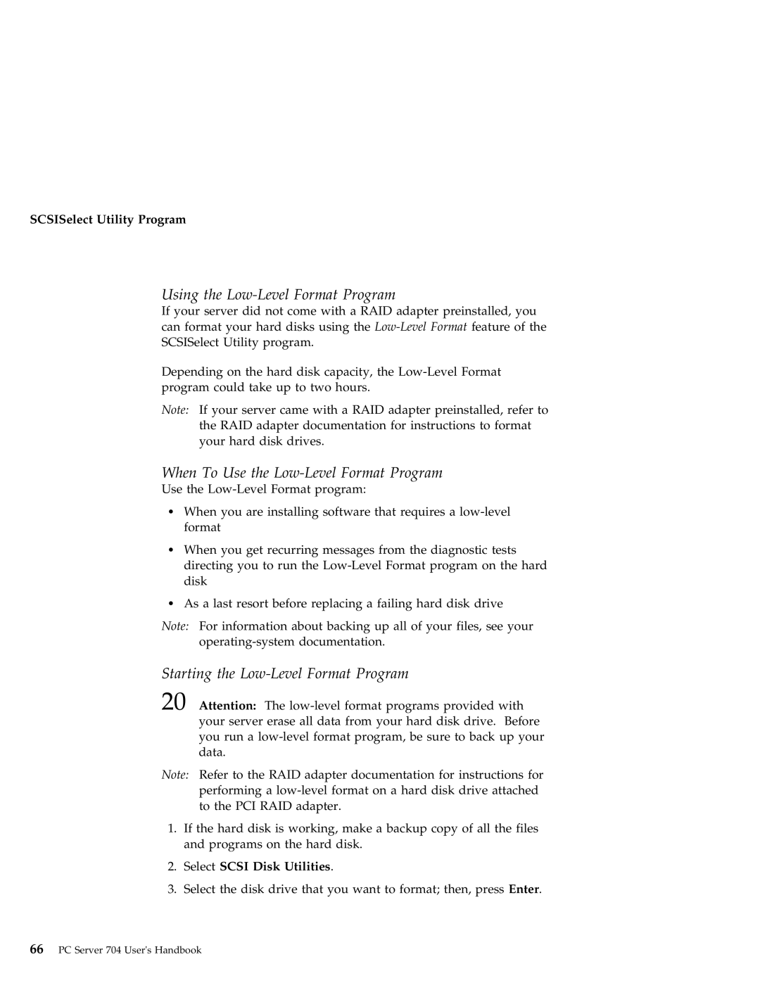 IBM 704 manual Using the Low-Level Format Program, When To Use the Low-Level Format Program, Select Scsi Disk Utilities 