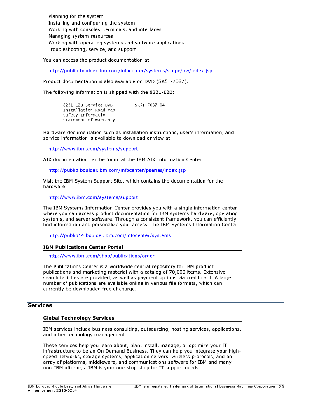 IBM 710, 730 manual Services, IBM Publications Center Portal, 8231-E2B Service DVD 