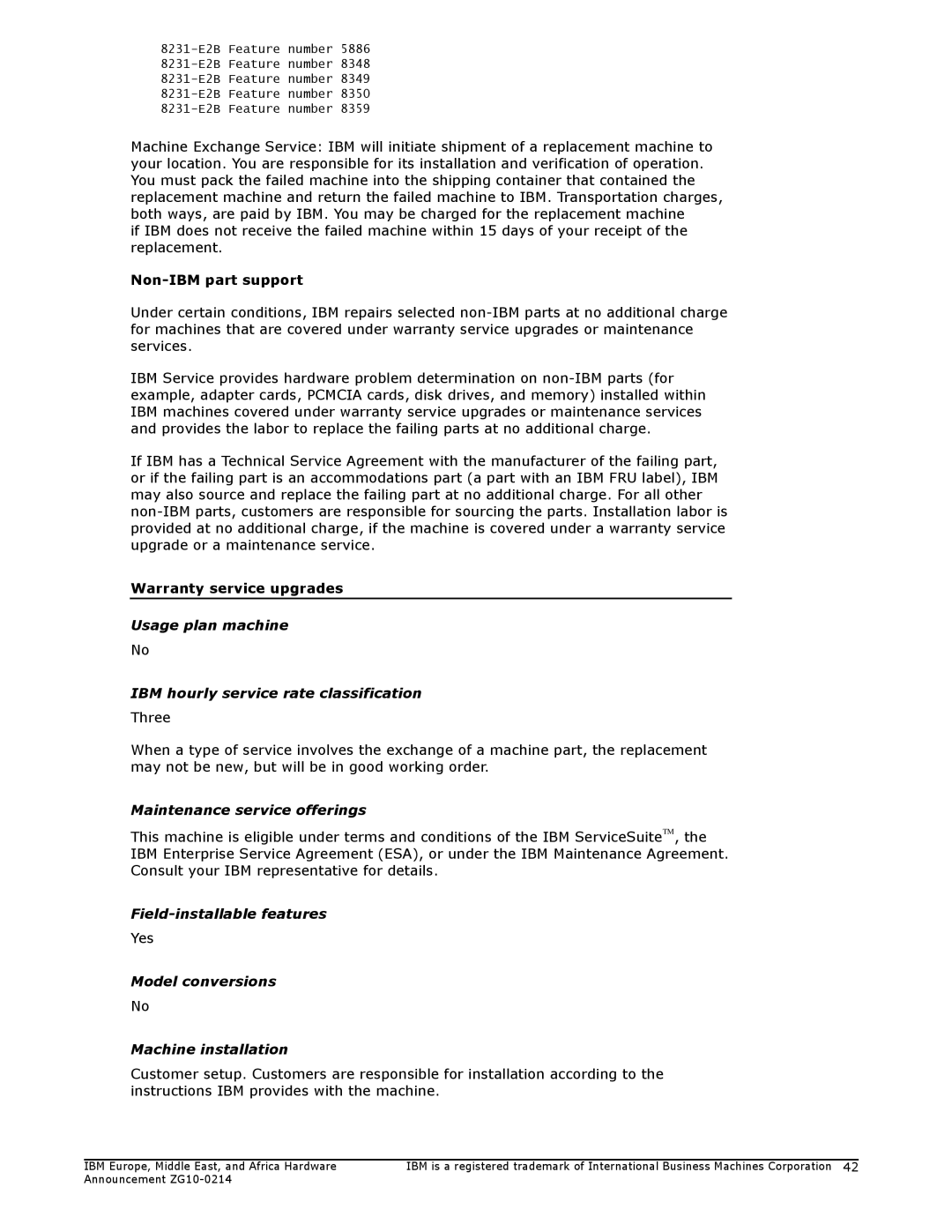 IBM 710, 730 manual Usage plan machine IBM hourly service rate classification, Maintenance service offerings, Yes 