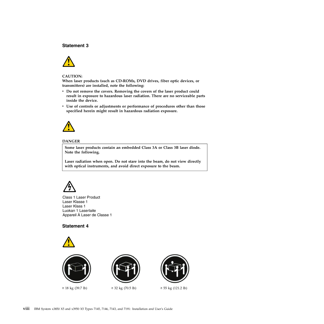 IBM 71453RU manual ≥ 18 kg 39.7 lb ≥ 32 kg 70.5 lb ≥ 55 kg 121.2 lb 