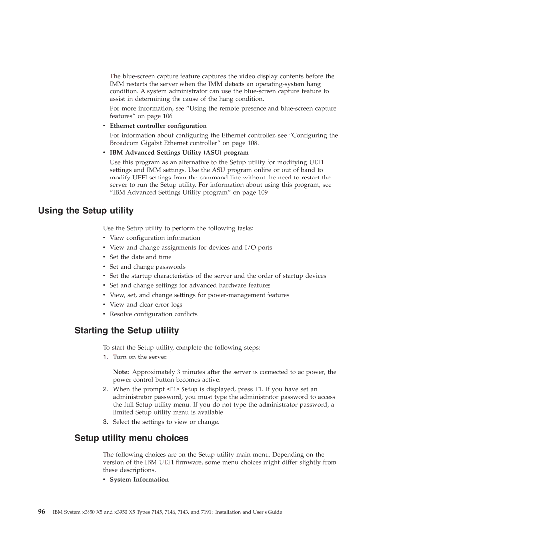 IBM 71453RU manual Using the Setup utility, Starting the Setup utility, Setup utility menu choices 