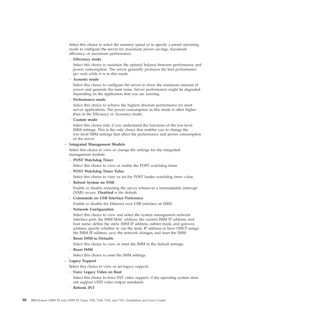 IBM 71453RU manual Efficiency mode, Acoustic mode, Performance mode, Custom mode, Post Watchdog Timer Value, Reset IMM 