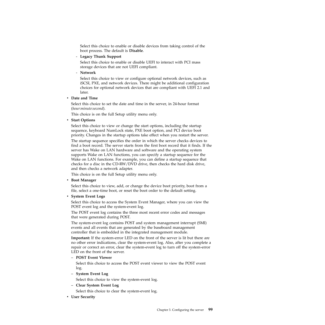 IBM 71453RU Legacy Thunk Support, Network, Date and Time, Start Options, Boot Manager, System Event Logs, User Security 