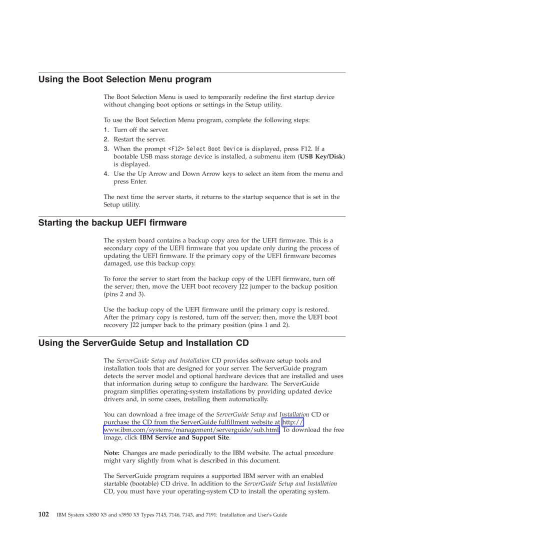 IBM 71453RU manual Using the Boot Selection Menu program, Starting the backup Uefi firmware 