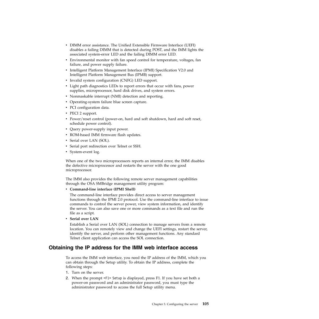 IBM 71453RU Obtaining the IP address for the IMM web interface access, Command-line interface Ipmi Shell, Serial over LAN 