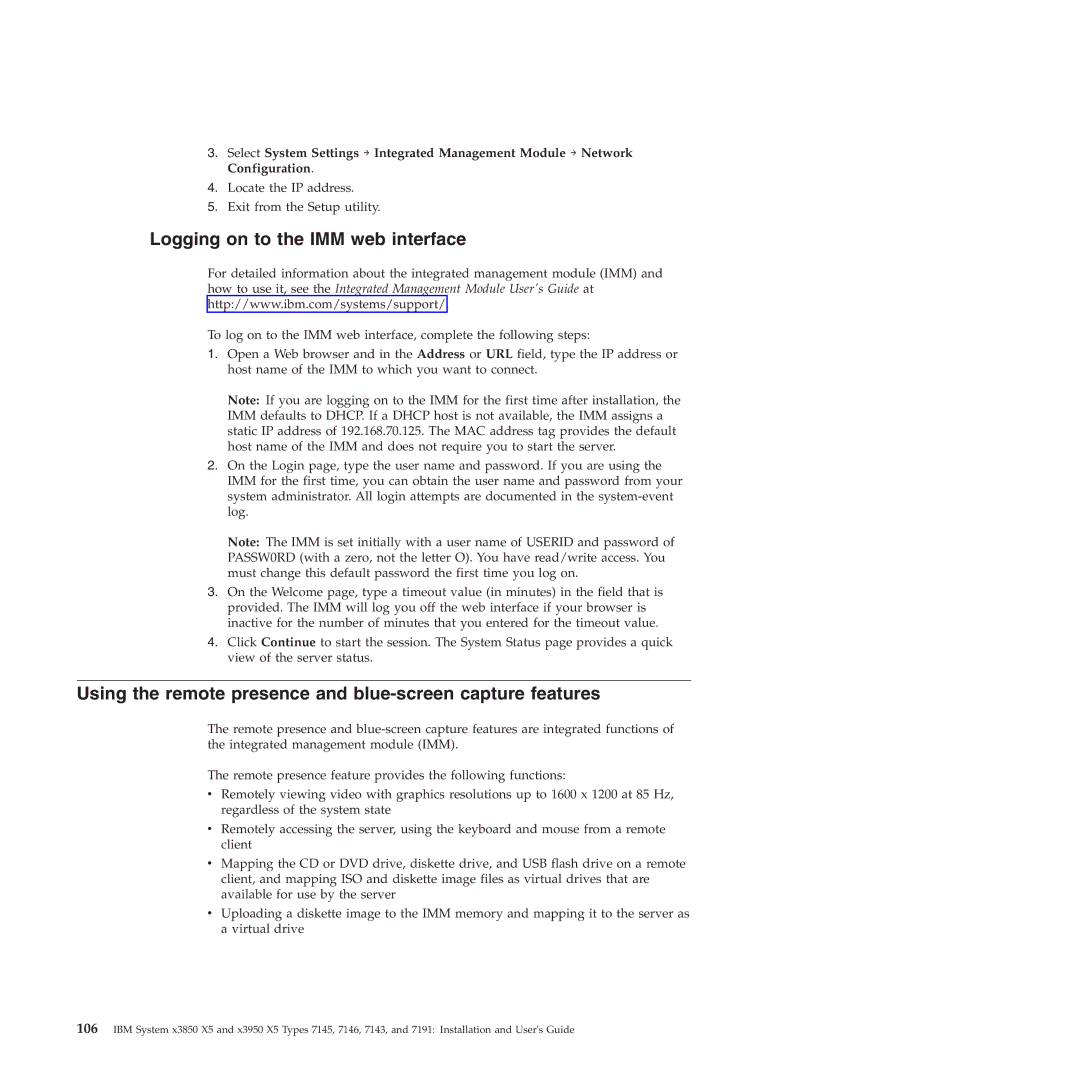 IBM 71453RU manual Logging on to the IMM web interface, Using the remote presence and blue-screen capture features 