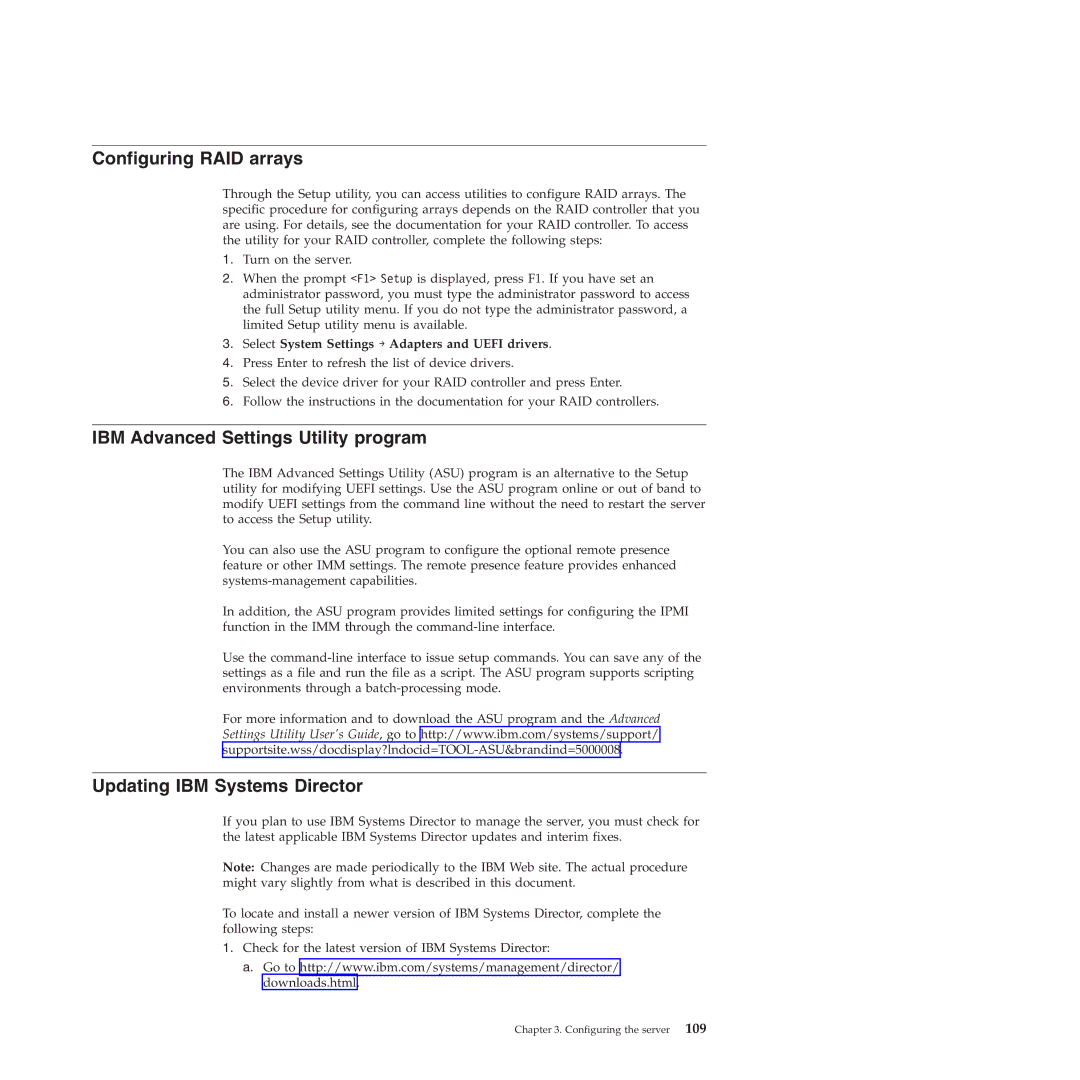 IBM 71453RU manual Configuring RAID arrays, IBM Advanced Settings Utility program, Updating IBM Systems Director 