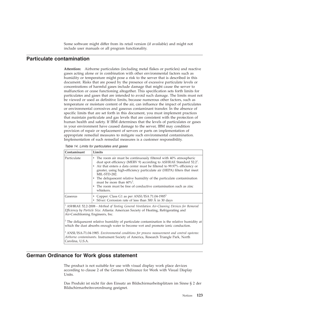 IBM 71453RU manual Particulate contamination, German Ordinance for Work gloss statement, Contaminant Limits 