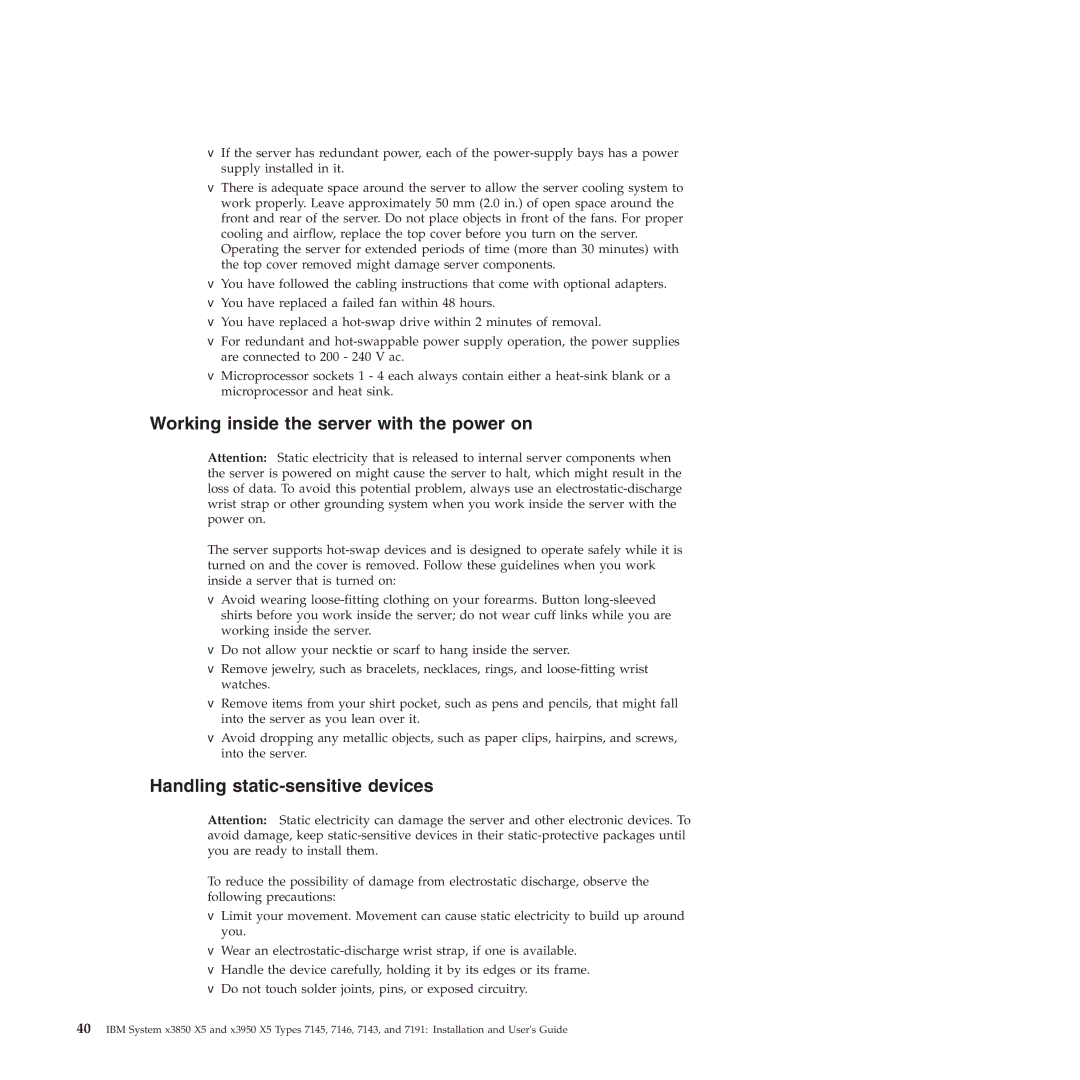 IBM 71453RU manual Working inside the server with the power on, Handling static-sensitive devices 