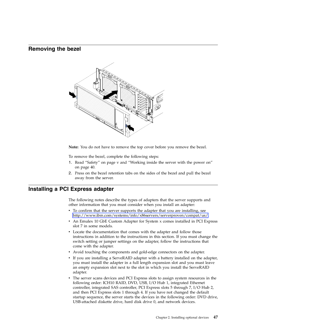 IBM 71453RU manual Removing the bezel, Installing a PCI Express adapter 