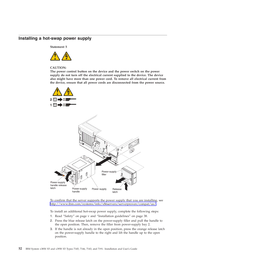 IBM 71453RU manual Installing a hot-swap power supply 