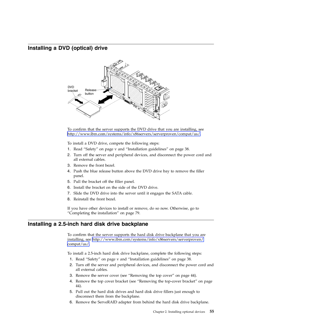 IBM 71453RU manual Installing a DVD optical drive, Installing a 2.5-inch hard disk drive backplane 