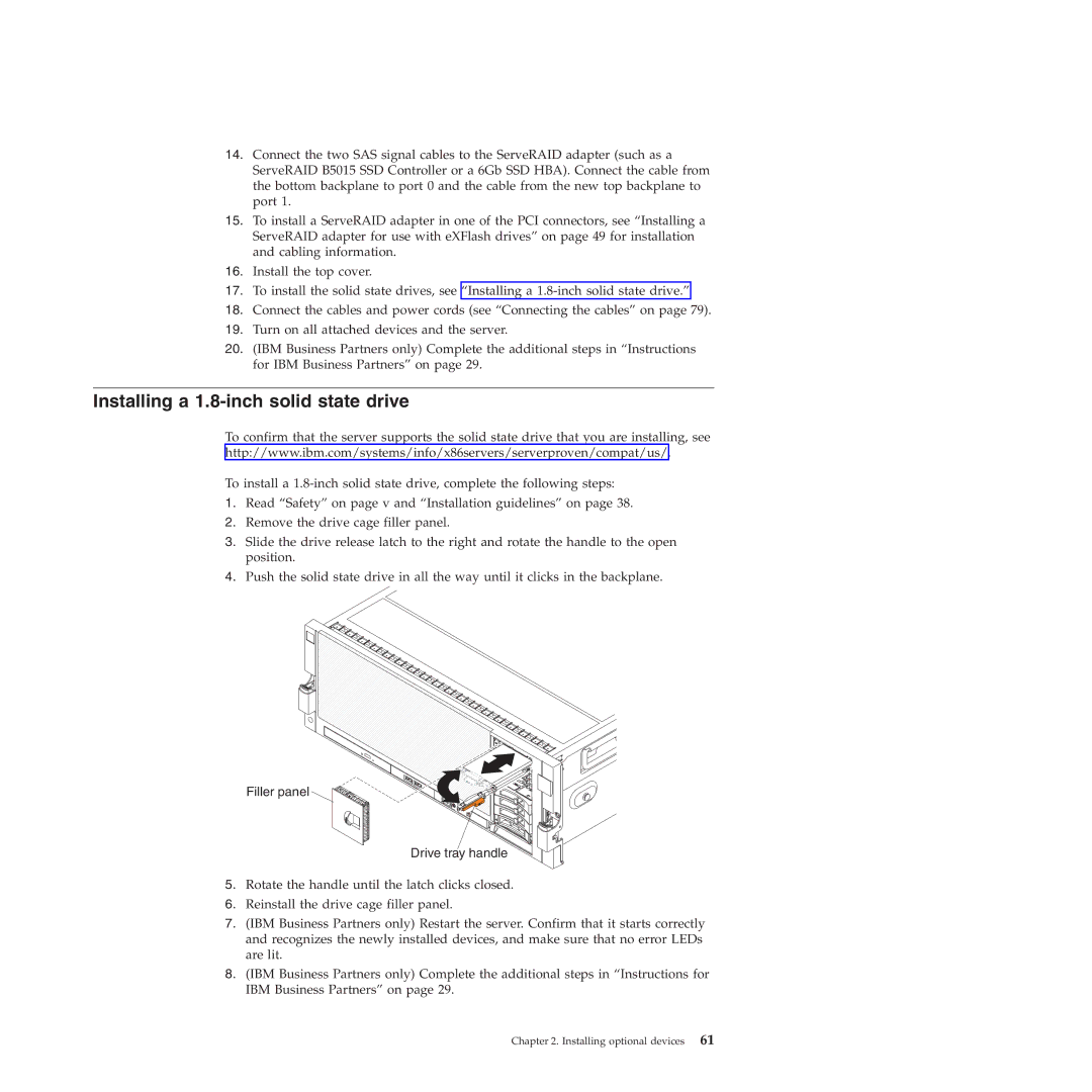 IBM 71453RU manual Installing a 1.8-inch solid state drive, Filler panel Drive tray handle 