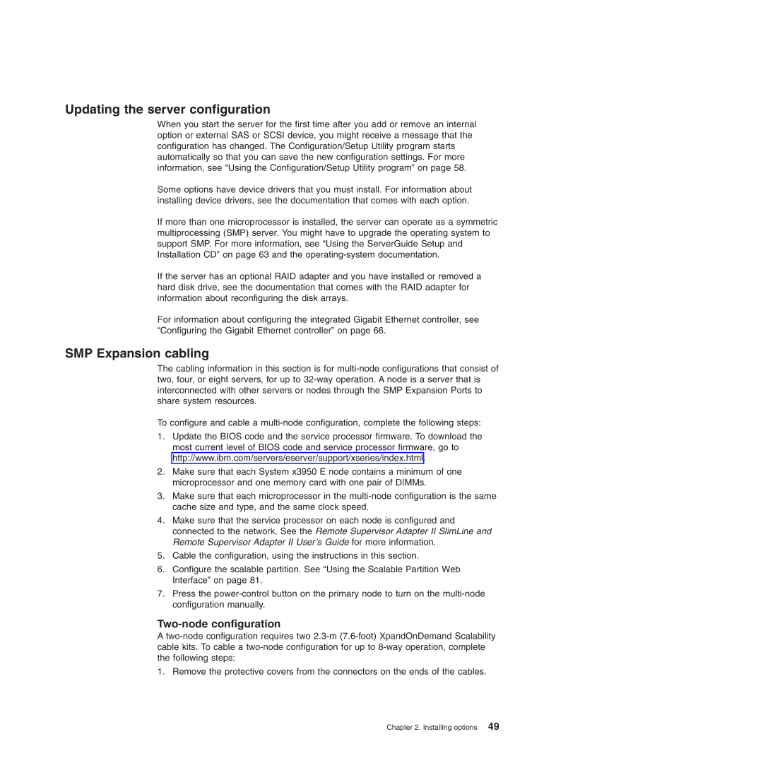 IBM 71455DU manual Updating the server configuration, SMP Expansion cabling, Two-node configuration 