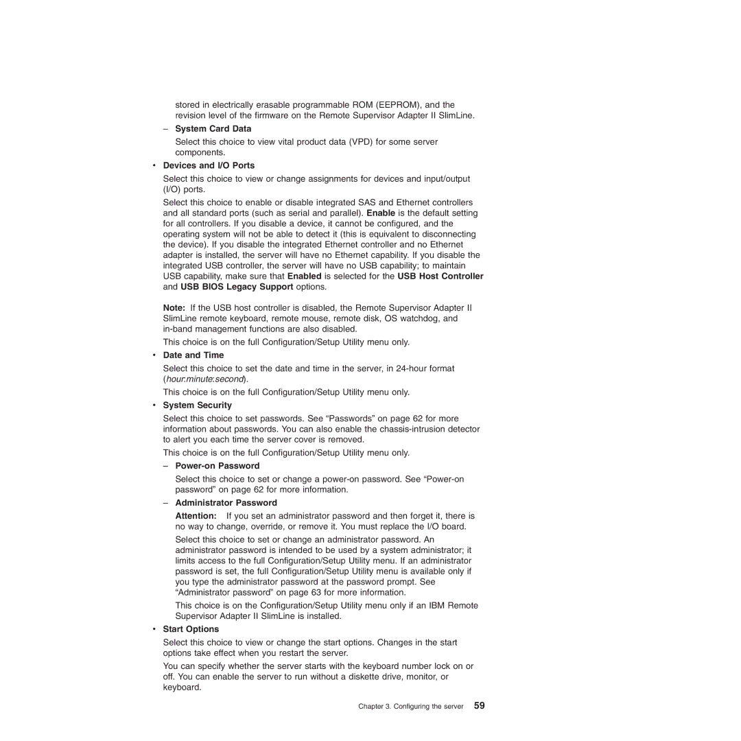 IBM 71455DU System Card Data, Devices and I/O Ports, Date and Time, System Security, Power-on Password, Start Options 