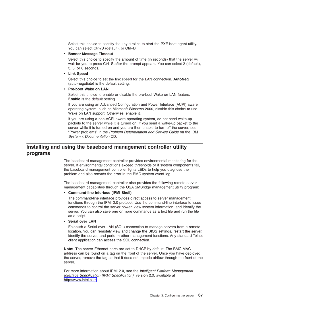 IBM 71455DU Banner Message Timeout, Link Speed, Pre-boot Wake on LAN, Command-line interface Ipmi Shell, Serial over LAN 