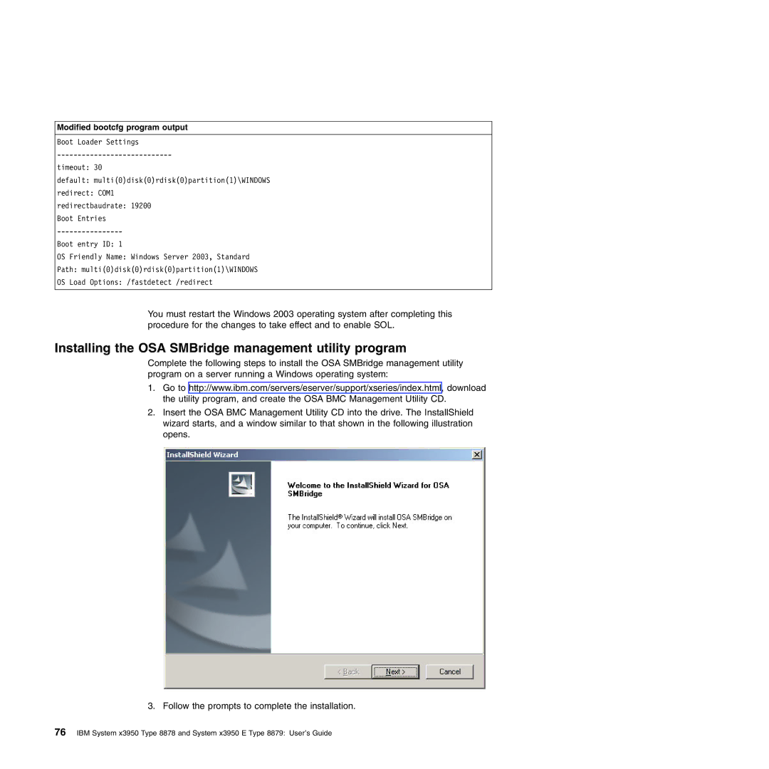 IBM 71455DU manual Installing the OSA SMBridge management utility program, Modified bootcfg program output 