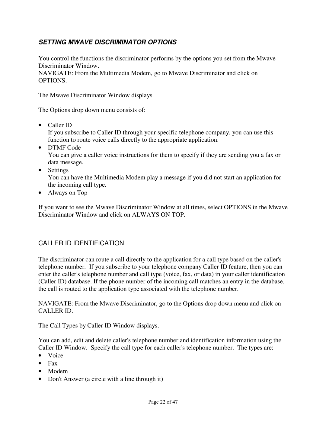 IBM 715 P/N - 13H6715 manual Setting Mwave Discriminator Options, Caller ID Identification 