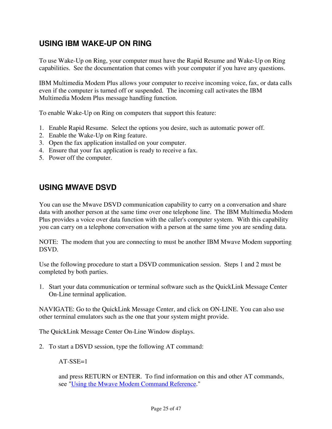 IBM 715 P/N - 13H6715 manual Using IBM WAKE-UP on Ring, Using Mwave Dsvd 