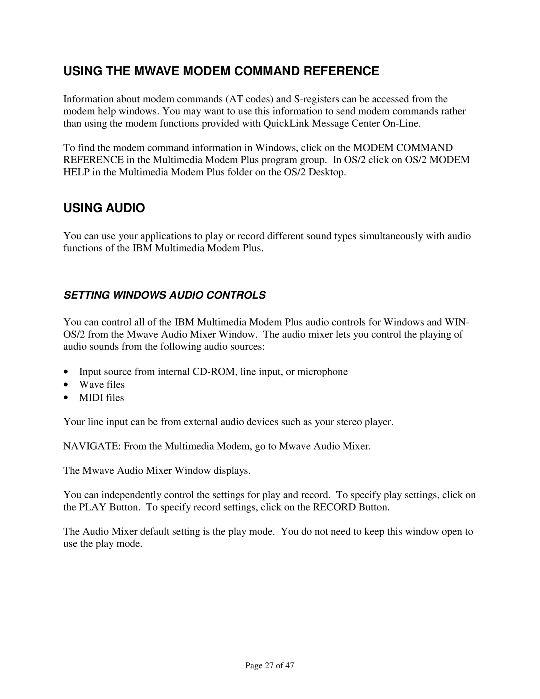 IBM 715 P/N - 13H6715 manual Using the Mwave Modem Command Reference, Using Audio, Setting Windows Audio Controls 