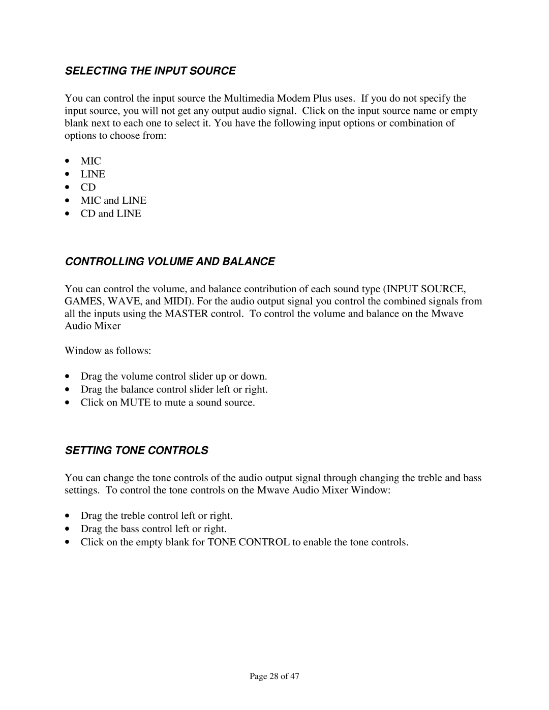 IBM 715 P/N - 13H6715 manual Selecting the Input Source, MIC Line, Controlling Volume and Balance, Setting Tone Controls 