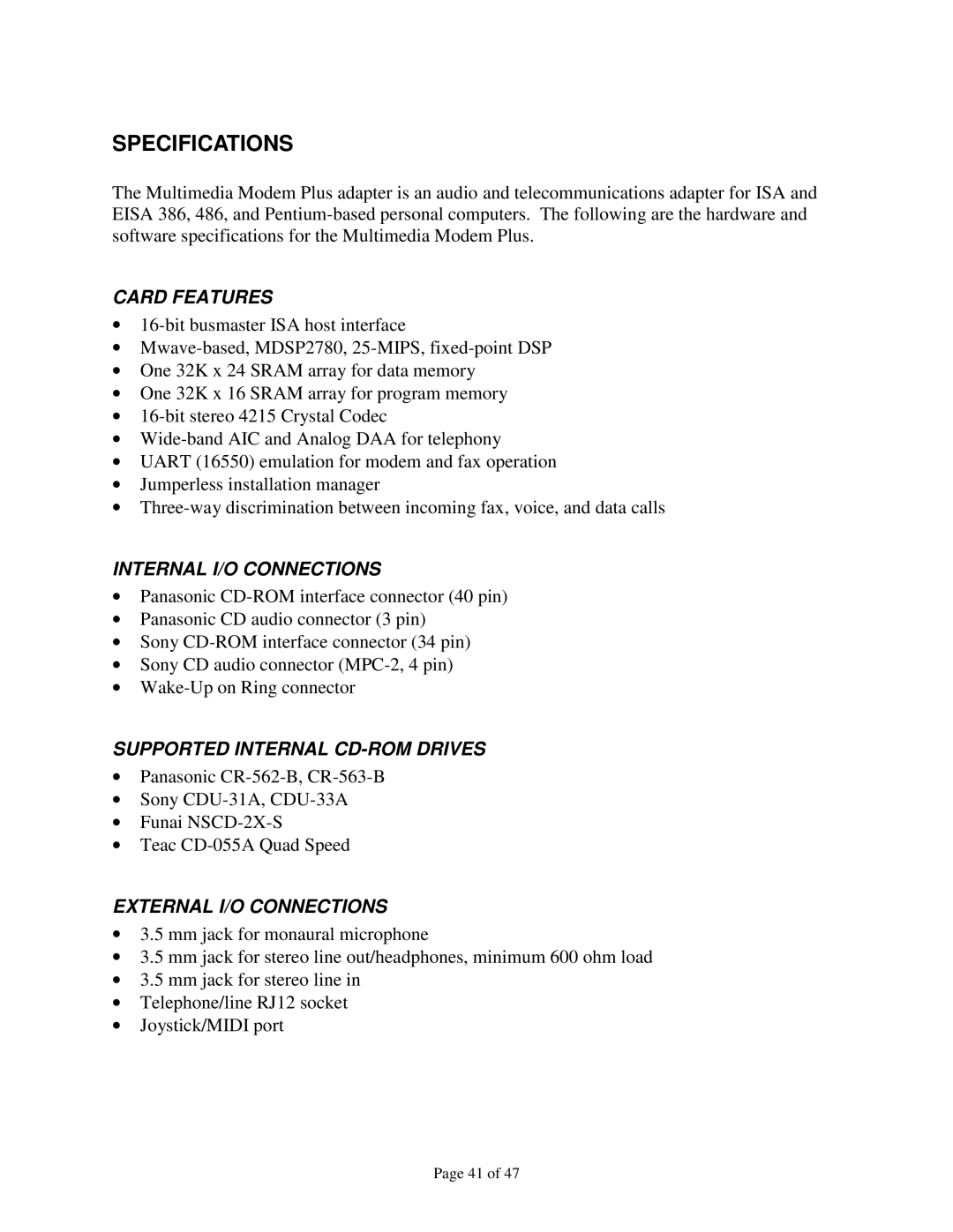 IBM 715 P/N - 13H6715 manual Specifications, Card Features, Internal I/O Connections, Supported Internal CD-ROM Drives 