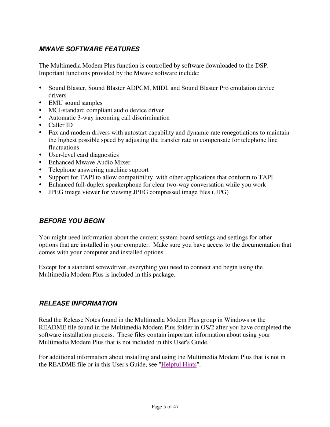 IBM 715 P/N - 13H6715 manual Mwave Software Features, Before YOU Begin, Release Information 