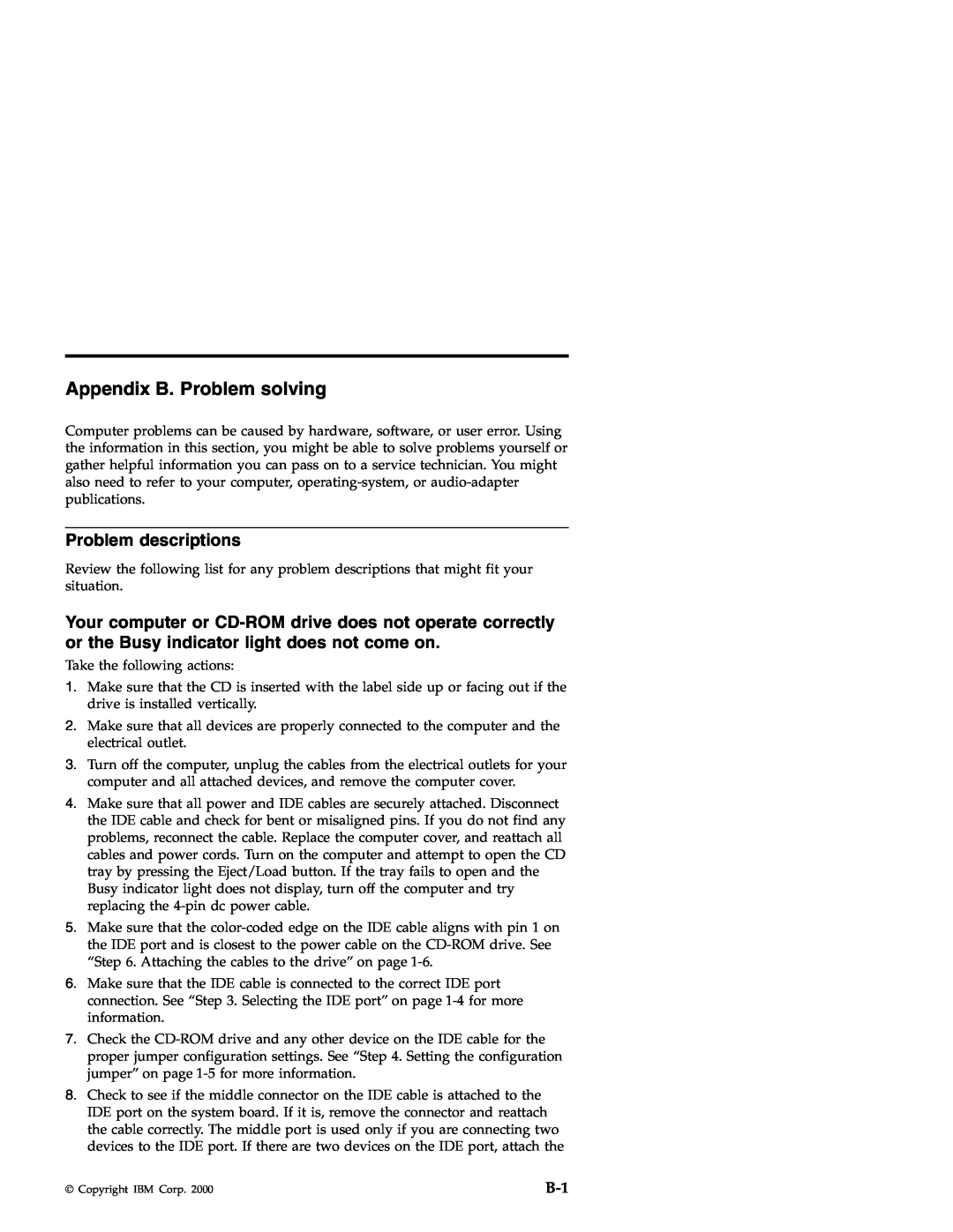 IBM 71P7279 manual Appendix B. Problem solving, Problem descriptions 