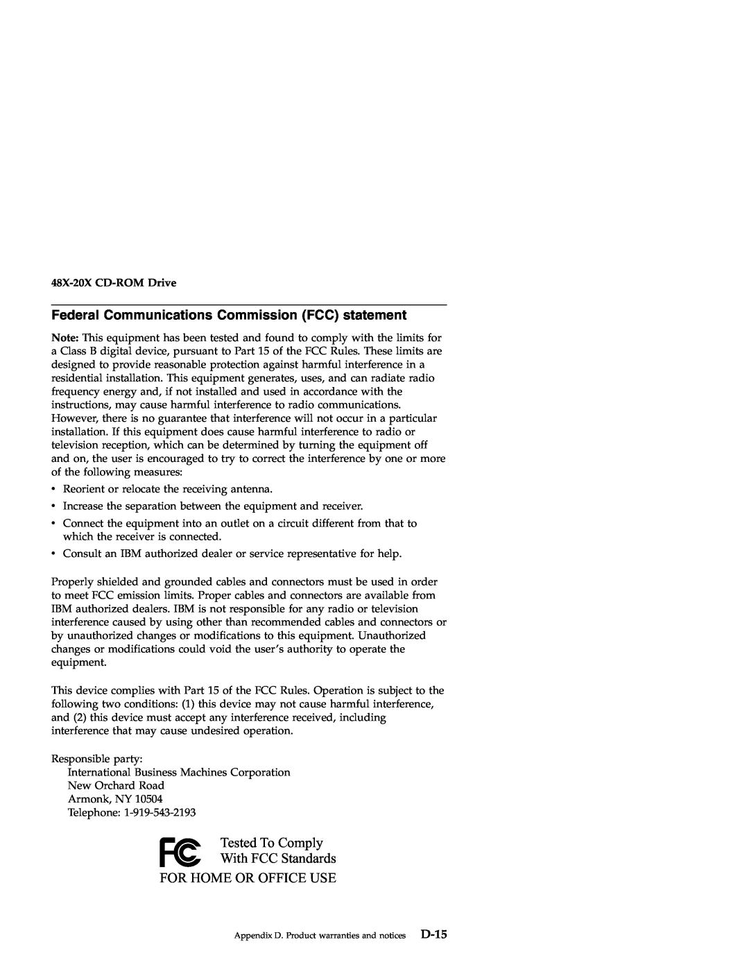 IBM 71P7279 Federal Communications Commission FCC statement, Tested To Comply With FCC Standards FOR HOME OR OFFICE USE 