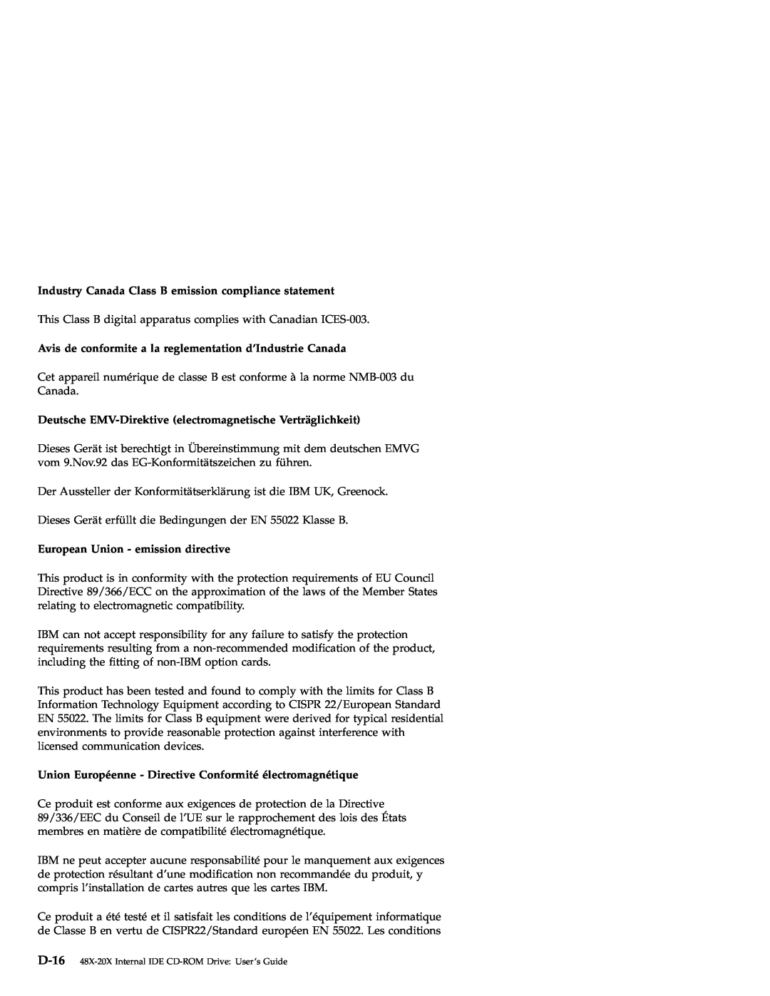 IBM 71P7279 manual Industry Canada Class B emission compliance statement, European Union - emission directive 