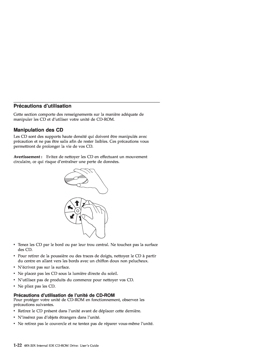 IBM 71P7279 manual Manipulation des CD, Précautions dutilisation de lunité de CD-ROM 